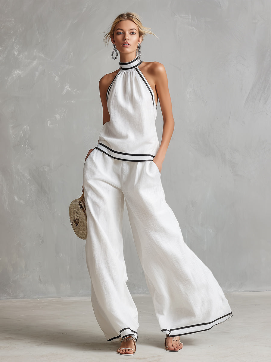 Elegantes, minimalistisches Set aus weißem Baumwoll-Leinen-Top mit Neckholder-Ausschnitt und weit geschnittener Hose