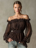 Trendige Retro-Bluse aus braunem Chiffon mit Rüschen und schulterfreiem Ausschnitt