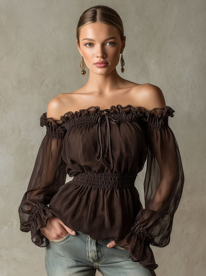 Trendige Retro-Bluse aus braunem Chiffon mit Rüschen und schulterfreiem Ausschnitt