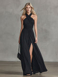 Elegantes, ärmelloses Maxikleid aus Chiffon im Retro-Chic-Stil mit gekreuztem Ausschnitt und Schlitz
