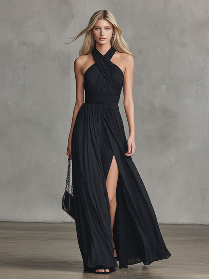 Elegantes, ärmelloses Maxikleid aus Chiffon im Retro-Chic-Stil mit gekreuztem Ausschnitt und Schlitz