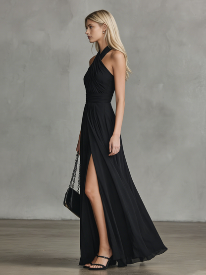 Elegantes, ärmelloses Maxikleid aus Chiffon im Retro-Chic-Stil mit gekreuztem Ausschnitt und Schlitz