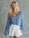 Stylisches und wunderschönes Chiffon-Oberteil mit V-Ausschnitt, langen Ärmeln und Knopfleiste