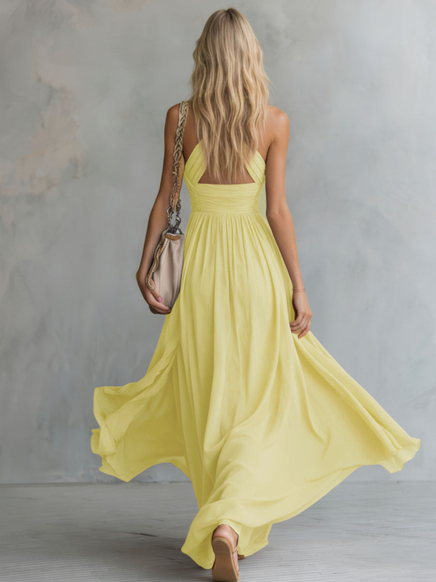 Elegantes und stilvolles, ärmelloses Chiffon-Maxikleid mit Neckholder und V-Ausschnitt