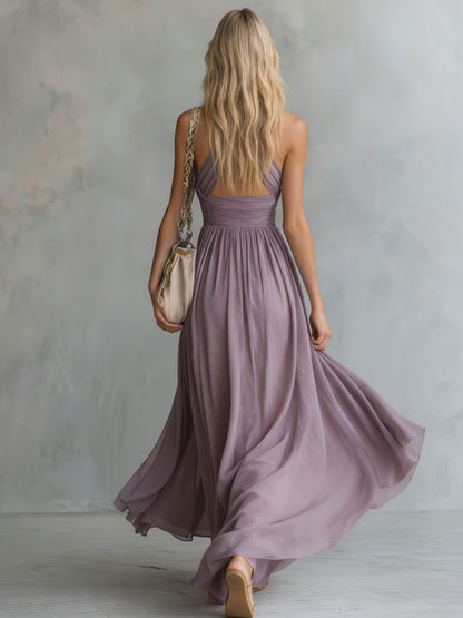 Elegantes und stilvolles, ärmelloses Chiffon-Maxikleid mit Neckholder und V-Ausschnitt