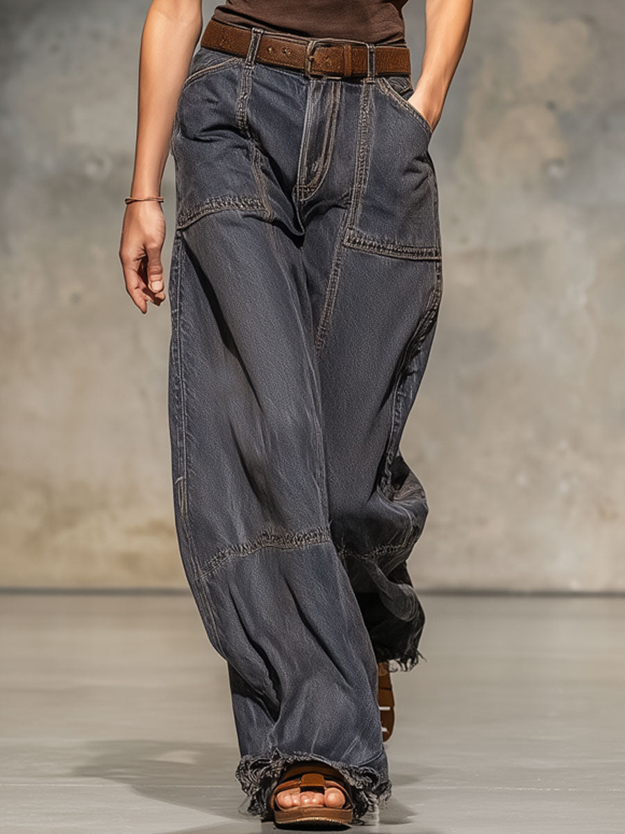Vintage-Jeans mit lockerer Passform, unversäuberten Säumen und weitem Bein in Dunkelgrau