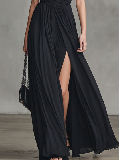 Elegantes, ärmelloses Maxikleid aus Chiffon im Retro-Chic-Stil mit gekreuztem Ausschnitt und Schlitz