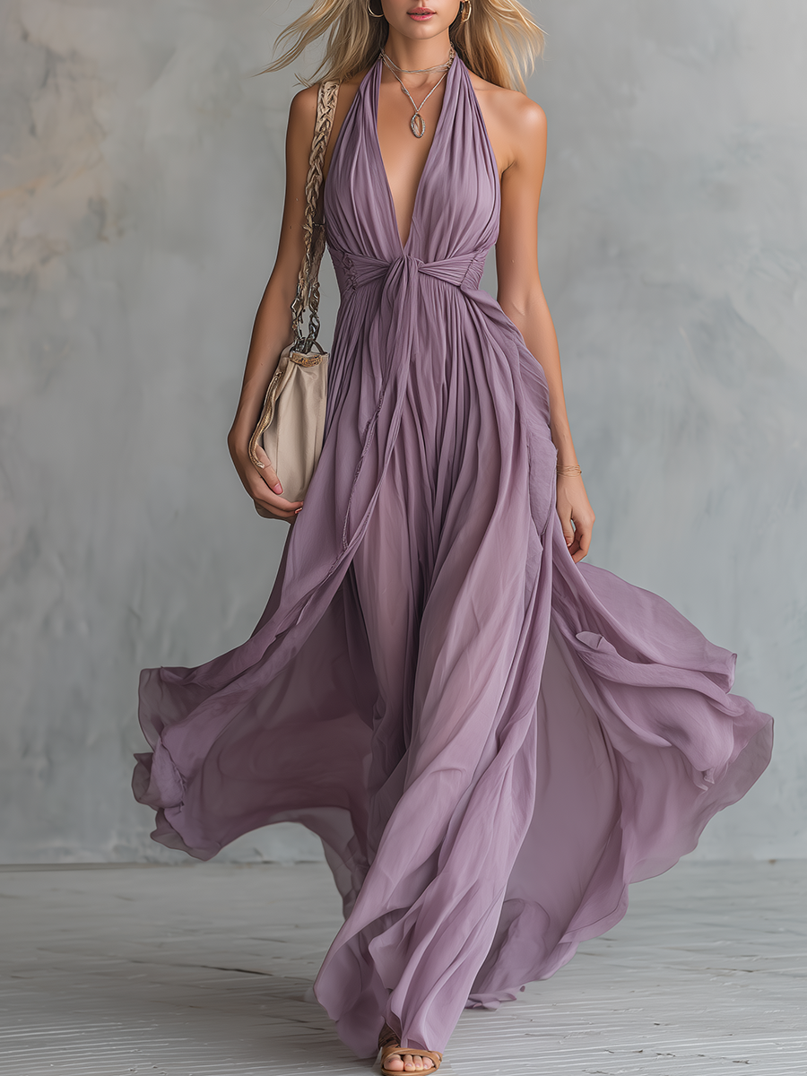 Elegantes und stilvolles, ärmelloses Chiffon-Maxikleid mit Neckholder und V-Ausschnitt