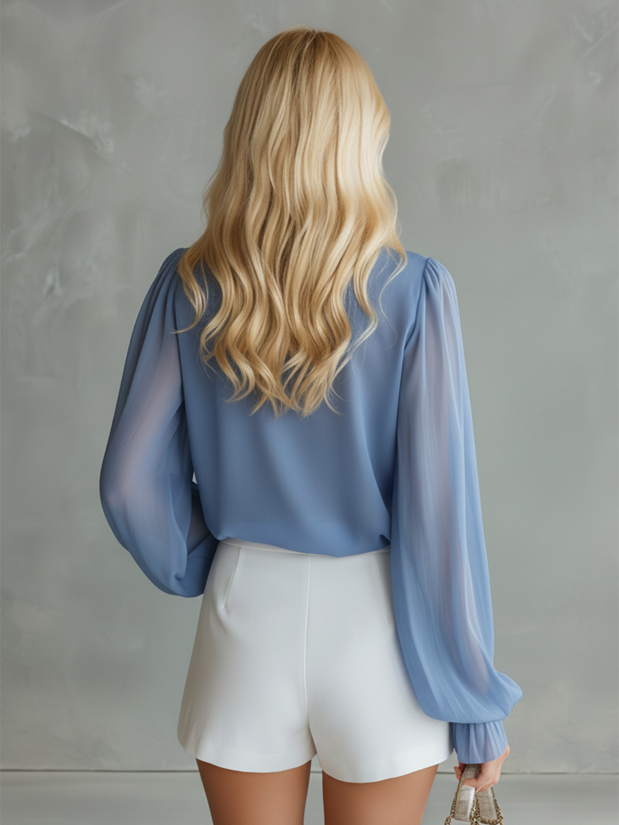 Stylisches und wunderschönes Chiffon-Oberteil mit V-Ausschnitt, langen Ärmeln und Knopfleiste