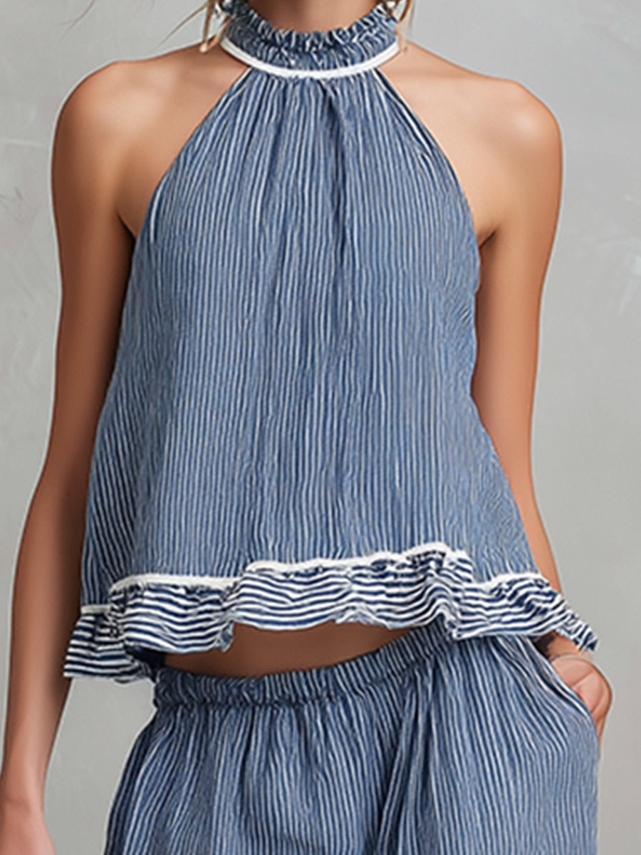 Trendiges Set aus blau gestreiftem Neckholder-Top und Hose mit weitem Bein