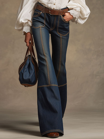 Braune Retro-Jeans in Marineblau mit Doppelnähten