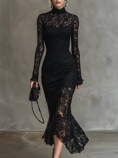 Elegantes Party-Maxikleid aus schwarzer Stretch-Spitze im Fishtail-Schnitt