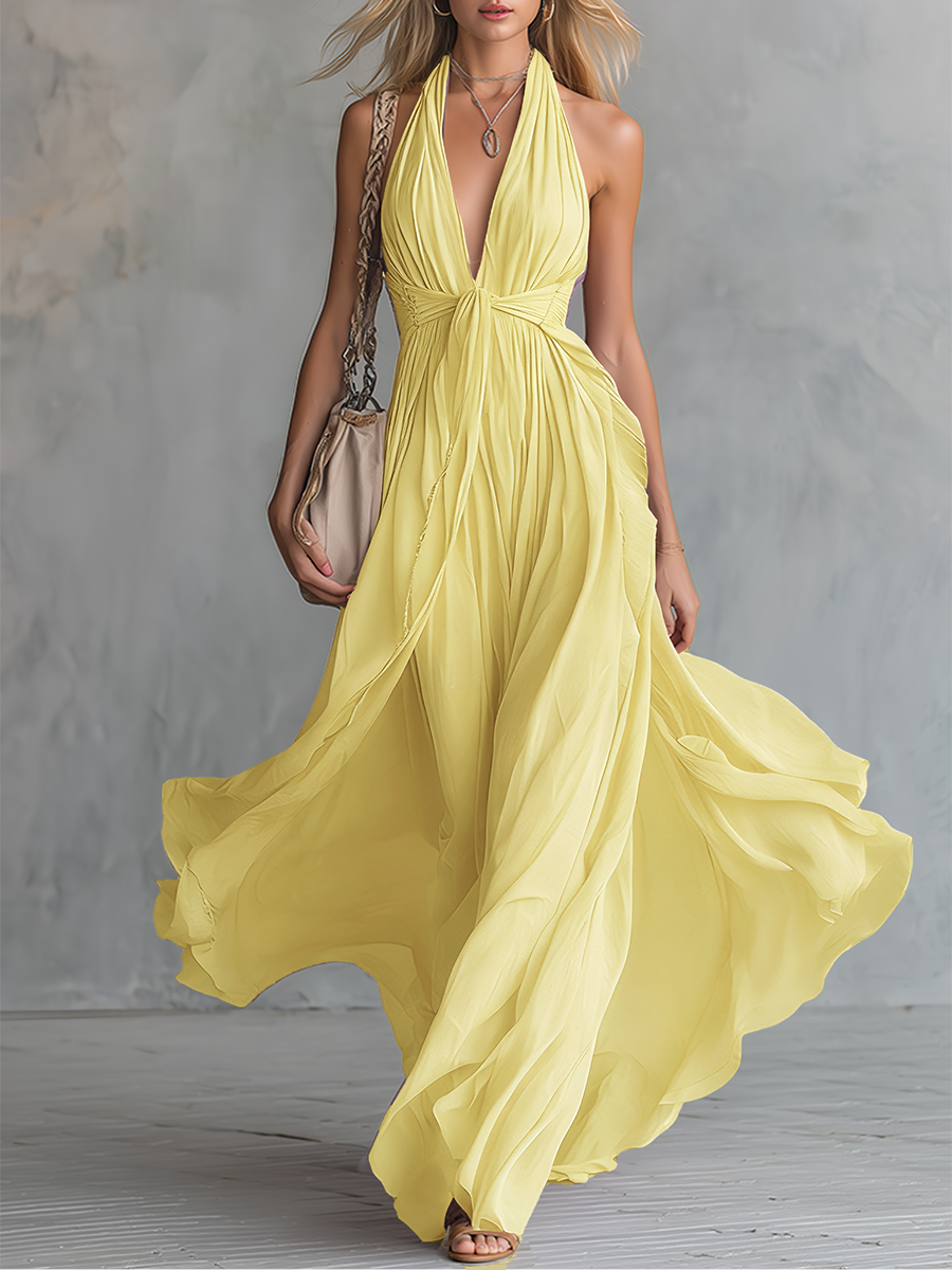 Elegantes und stilvolles, ärmelloses Chiffon-Maxikleid mit Neckholder und V-Ausschnitt
