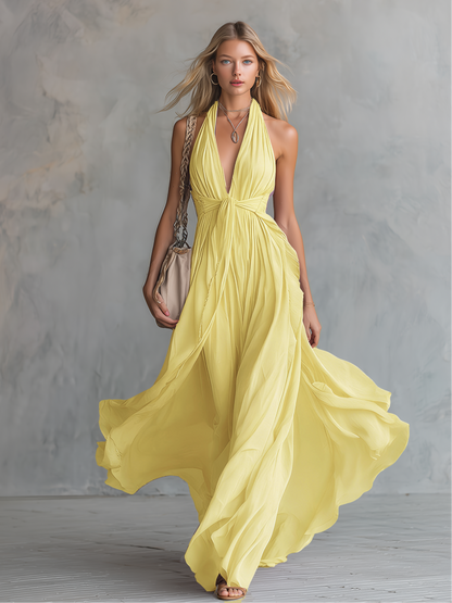 Elegantes und stilvolles, ärmelloses Chiffon-Maxikleid mit Neckholder und V-Ausschnitt