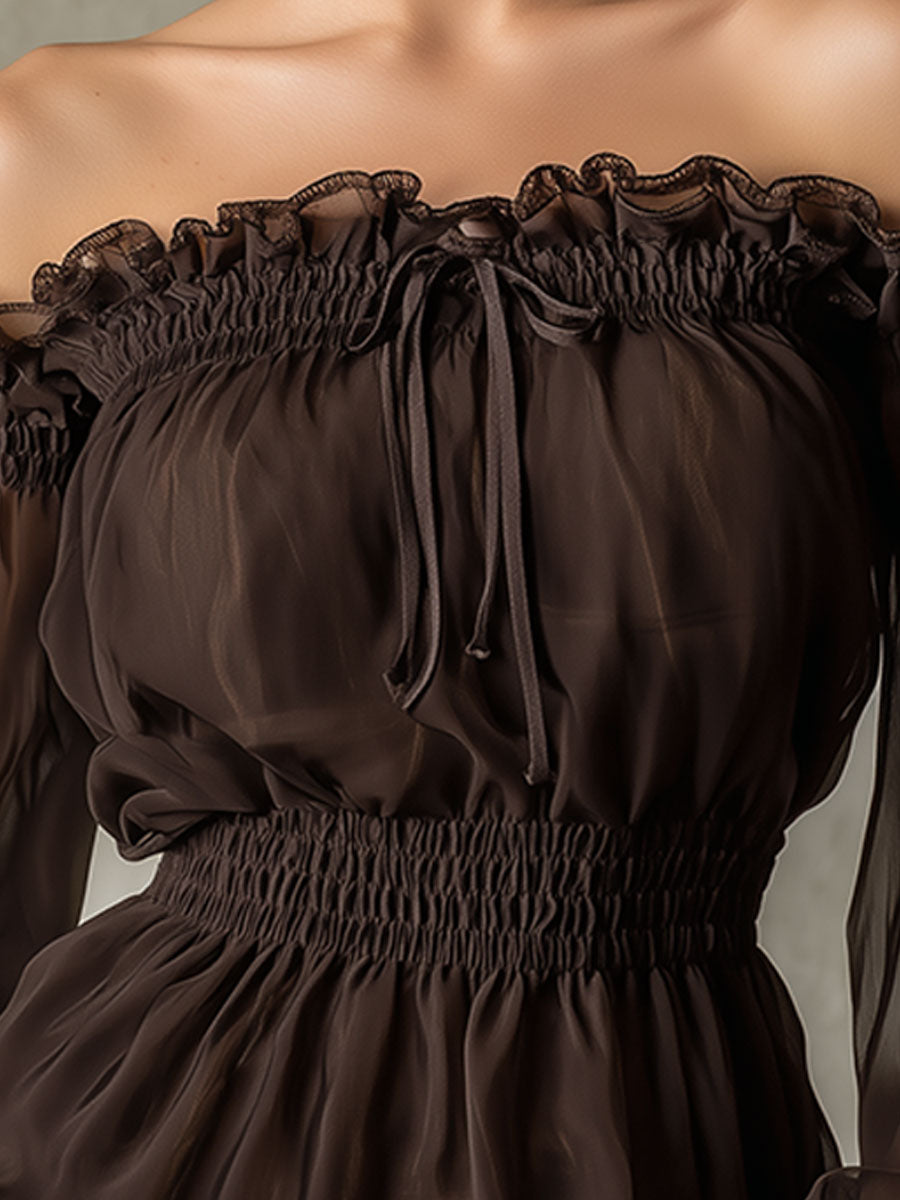 Trendige Retro-Bluse aus braunem Chiffon mit Rüschen und schulterfreiem Ausschnitt