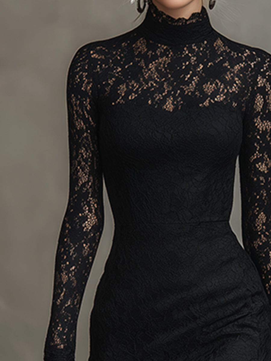 Elegantes Party-Maxikleid aus schwarzer Stretch-Spitze im Fishtail-Schnitt