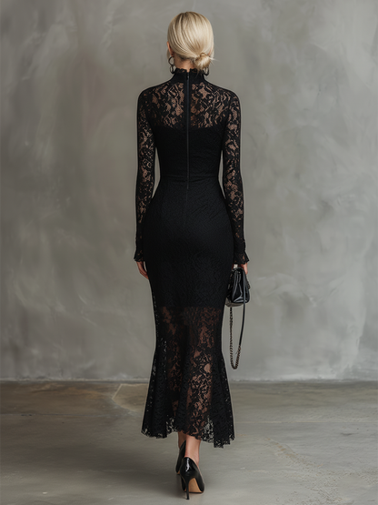 Elegantes Party-Maxikleid aus schwarzer Stretch-Spitze im Fishtail-Schnitt