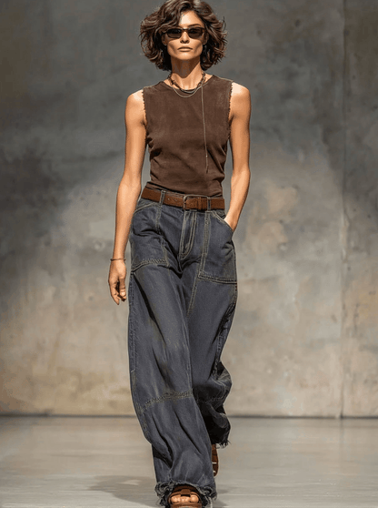 Vintage-Jeans mit lockerer Passform, unversäuberten Säumen und weitem Bein in Dunkelgrau