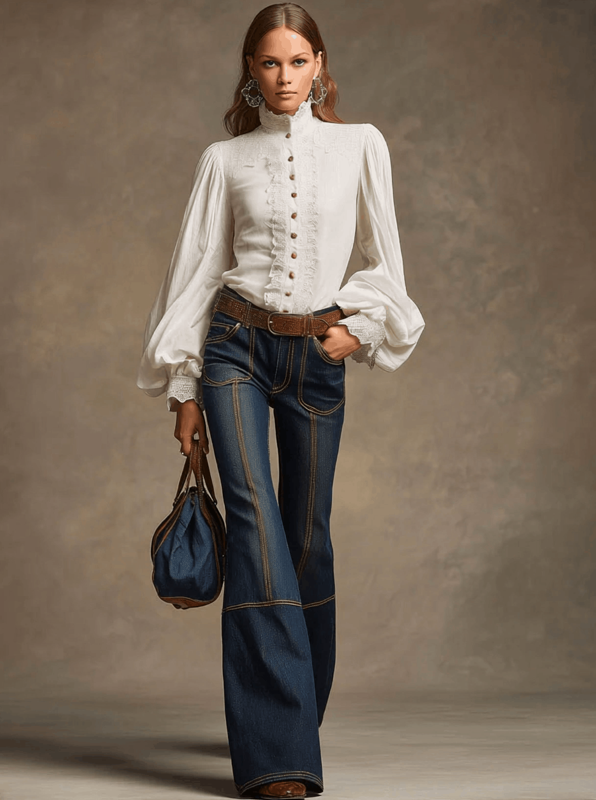 Braune Retro-Jeans in Marineblau mit Doppelnähten