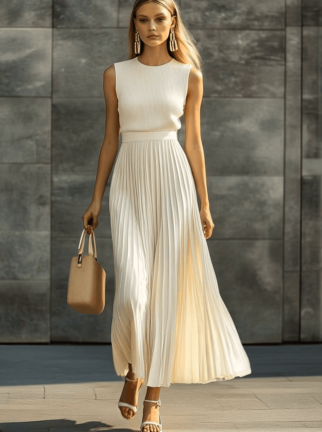Elegantes, lässiges und bequemes cremefarbenes Maxikleid aus gestricktem Chiffon mit plissiertem Saum