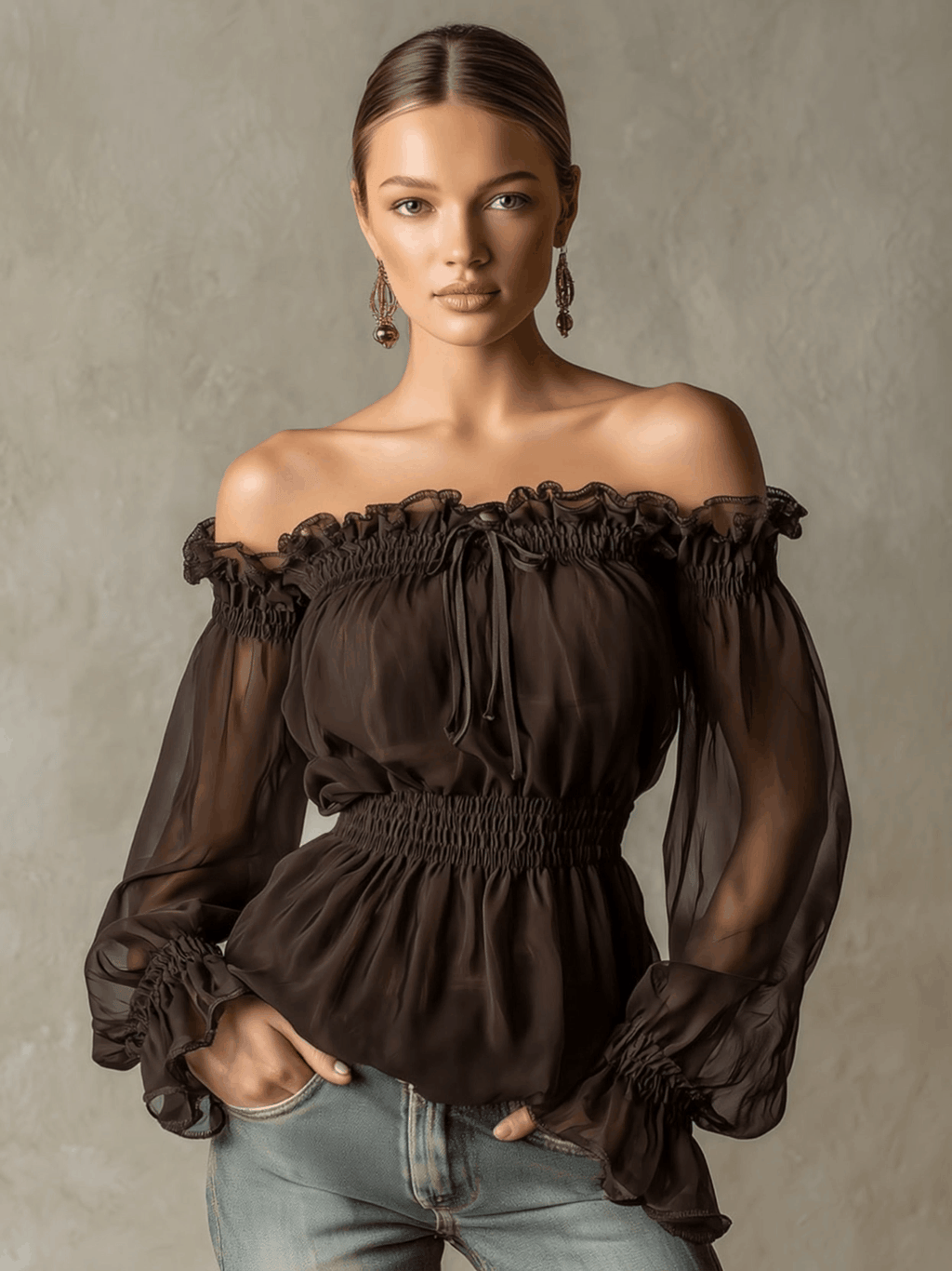 Trendige Retro-Bluse aus braunem Chiffon mit Rüschen und schulterfreiem Ausschnitt