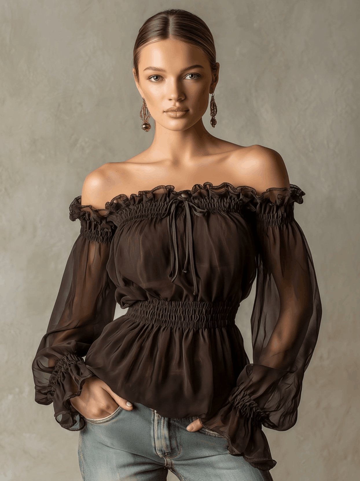 Trendige Retro-Bluse aus braunem Chiffon mit Rüschen und schulterfreiem Ausschnitt