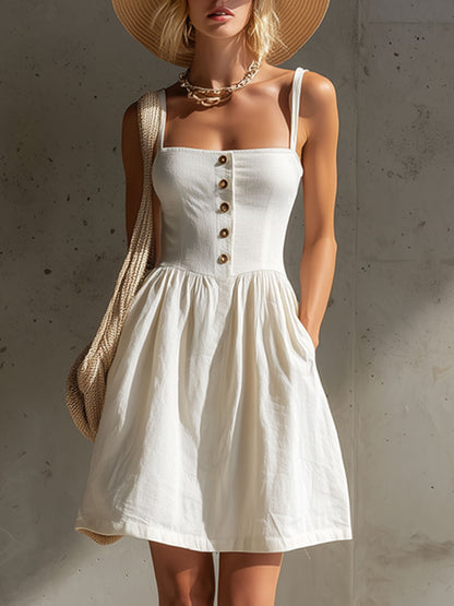 Retro-Style Urlaubs-Minikleid aus cremefarbener Baumwoll-Leinen-Mischung, ärmellos