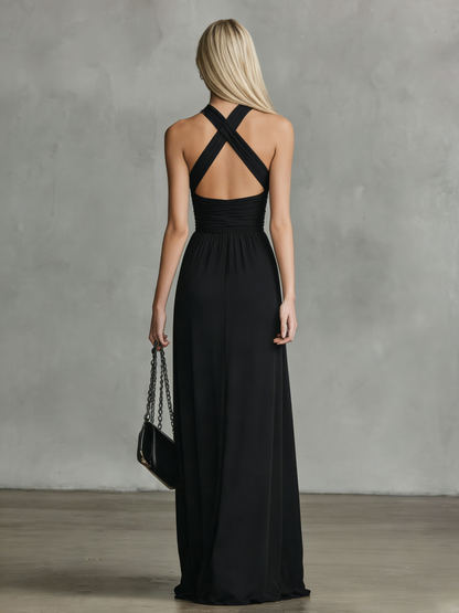 Elegantes, ärmelloses Maxikleid aus Chiffon im Retro-Chic-Stil mit gekreuztem Ausschnitt und Schlitz