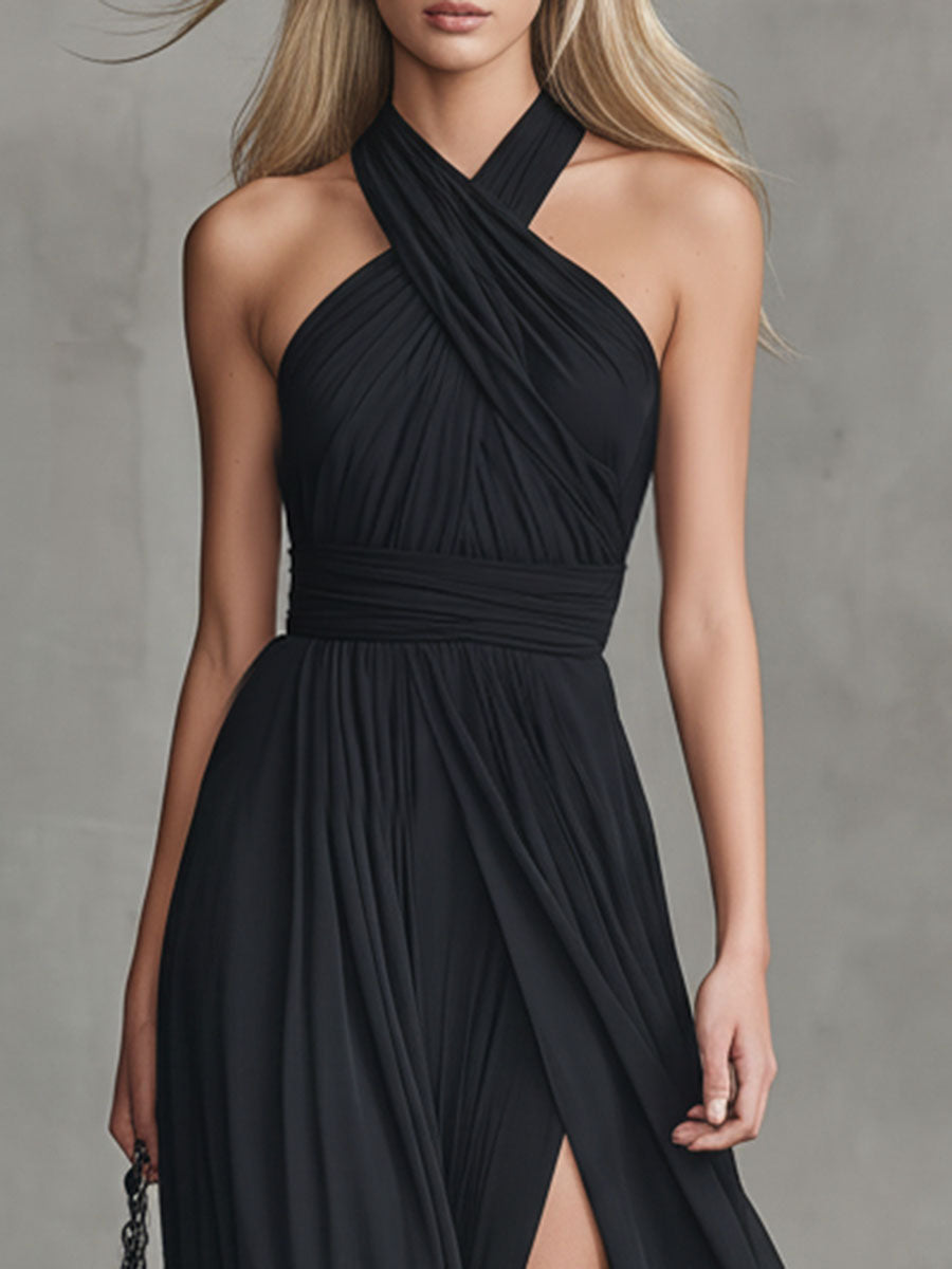 Elegantes, ärmelloses Maxikleid aus Chiffon im Retro-Chic-Stil mit gekreuztem Ausschnitt und Schlitz