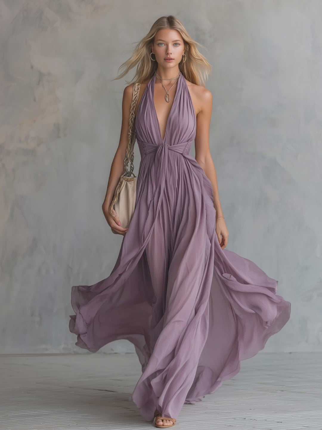 Elegantes und stilvolles, ärmelloses Chiffon-Maxikleid mit Neckholder und V-Ausschnitt