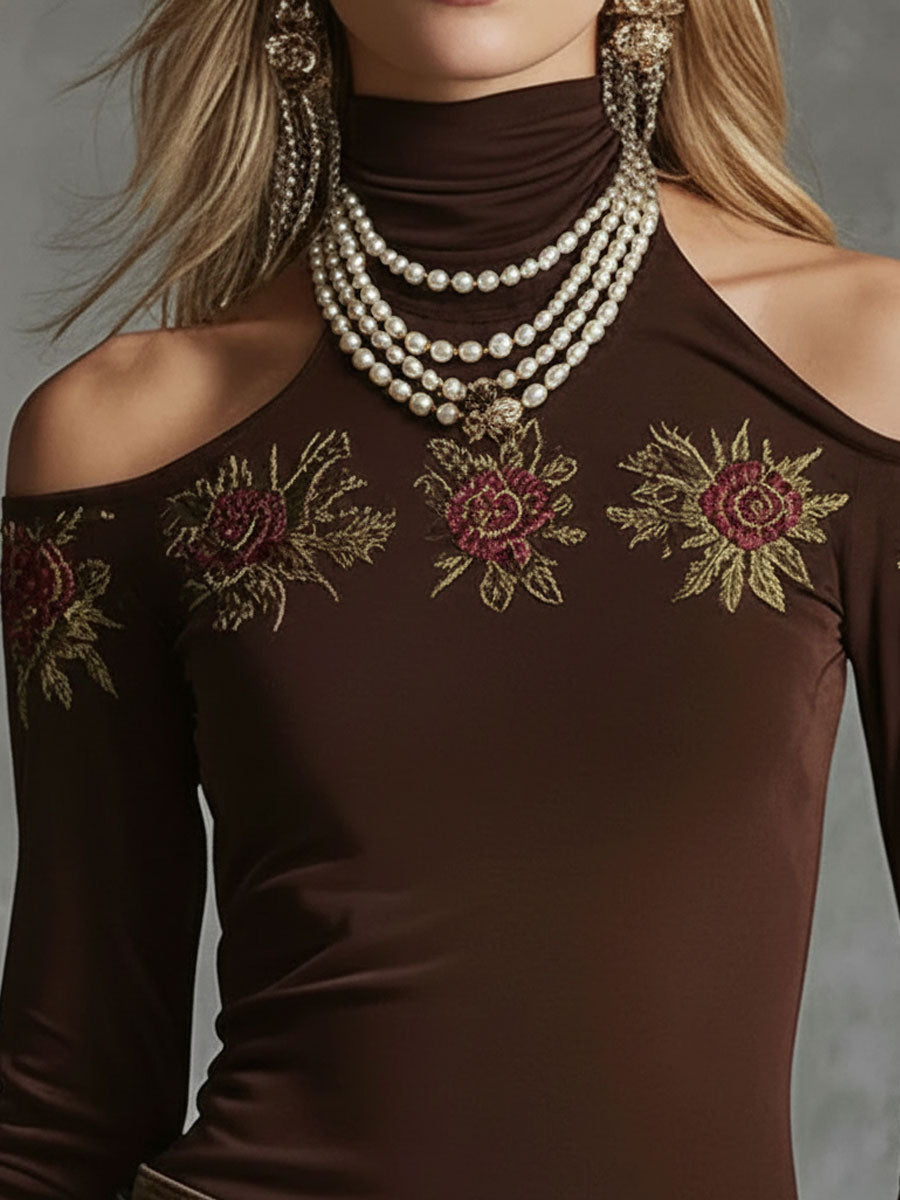 Hochgeschlossenes, schulterfreies Langarmshirt mit Rosenstickerei aus reiner Baumwolle