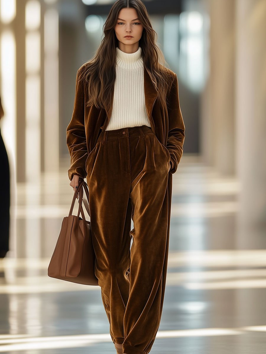Lockere Vintage-Anzughose aus Samt mit Taschen