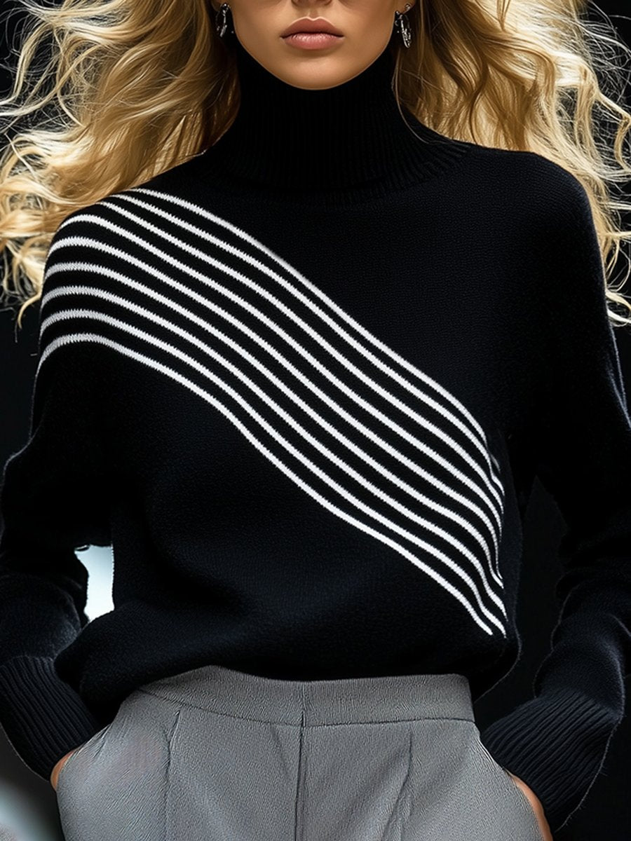 High-End modischer, locker sitzender, schwarz-weiß gestreifter Strickpullover