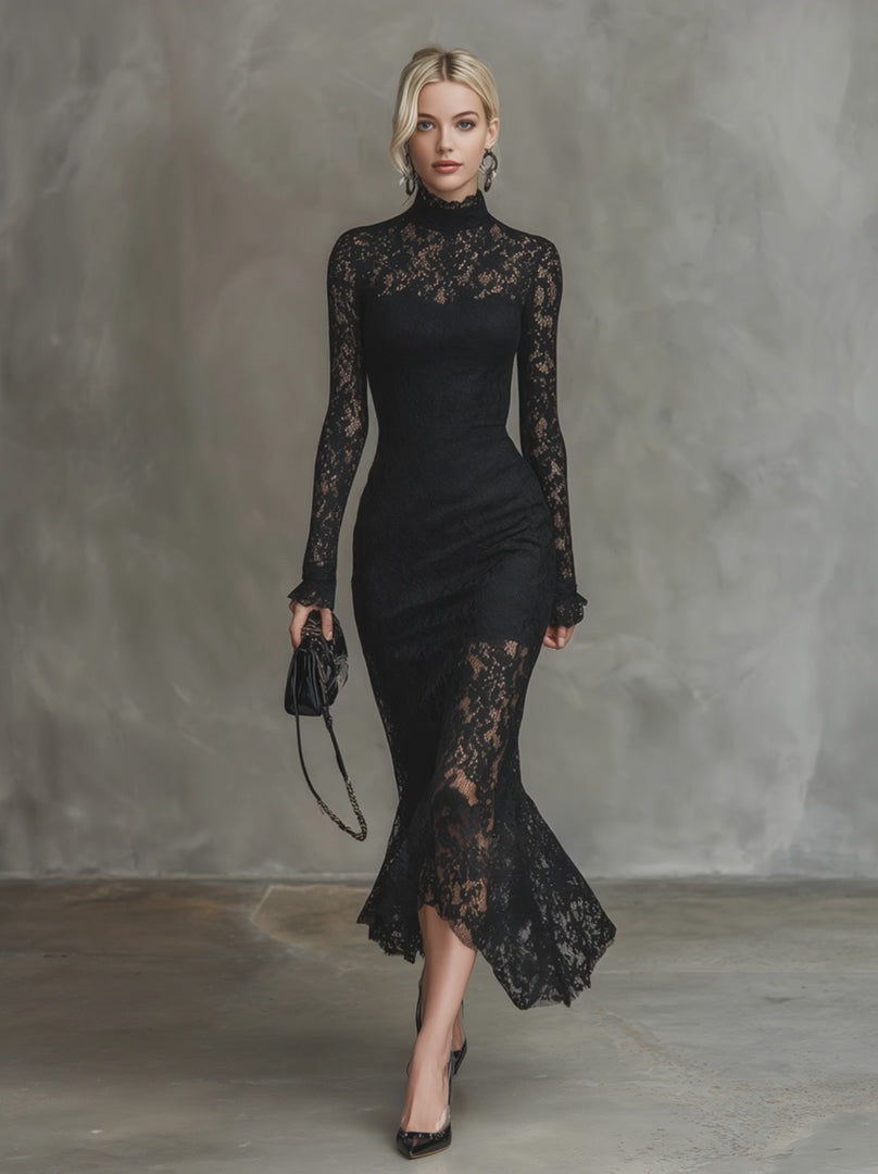 Elegantes Party-Maxikleid aus schwarzer Stretch-Spitze im Fishtail-Schnitt
